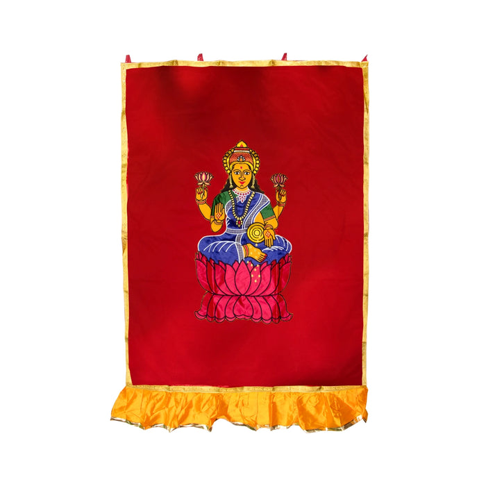 Lakshmi Murti Design Pooja Screen- 5 X 3.5 Feet | Satin Curtain/ Temple Screen/Decorative Curtain For Pooja Room - Deity Curtain