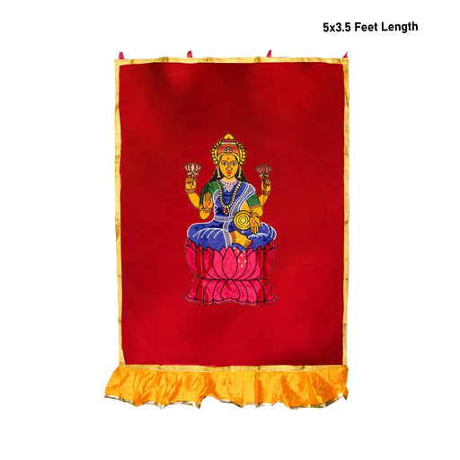 Lakshmi Murti Design Pooja Screen- 5 X 3.5 Feet | Satin Curtain/ Temple Screen/Decorative Curtain For Pooja Room - Deity Curtain