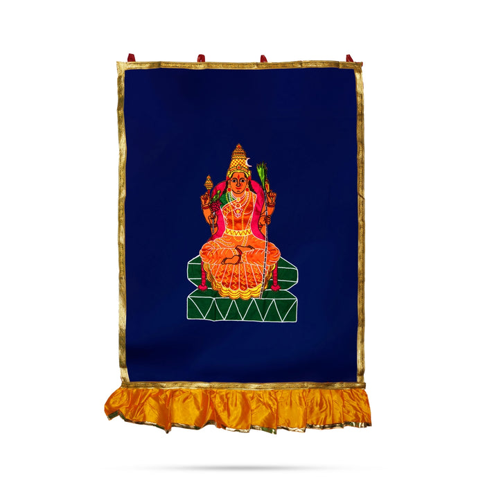 Kamakshi Amman Design Pooja Screen- 5 X 3.5 Feet | Satin Curtain/ Temple Screen/ Decorative Curtain For Home - Deity Curtain