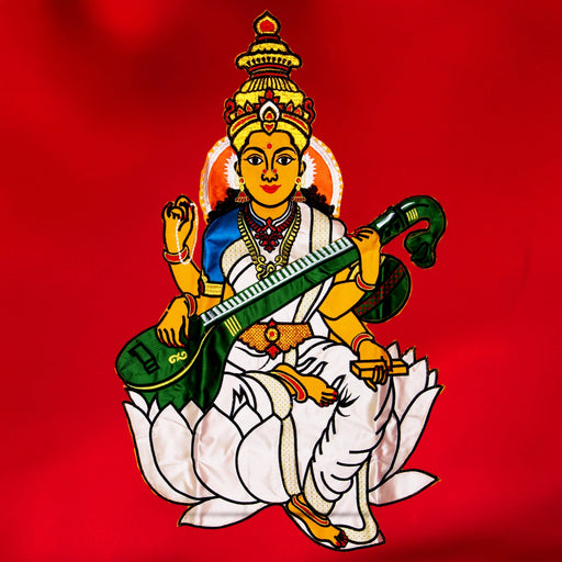 Saraswati Murti Design Pooja Screen- 5 X 3.5 Feet | Satin Curtain/ Temple Screen/ Decorative Curtain For Home - Deity Curtain