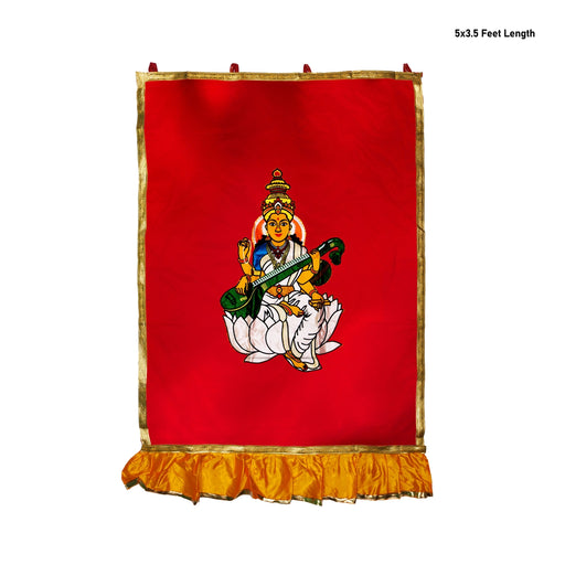 Saraswati Murti Design Pooja Screen- 5 X 3.5 Feet | Satin Curtain/ Temple Screen/ Decorative Curtain For Home - Deity Curtain