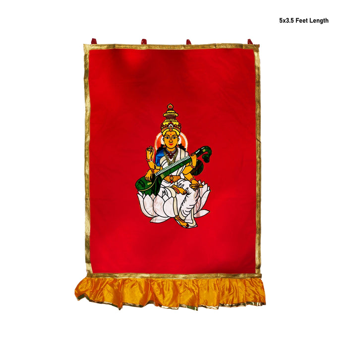 Saraswati Murti Design Pooja Screen- 5 X 3.5 Feet | Satin Curtain/ Temple Screen/ Decorative Curtain For Home - Deity Curtain