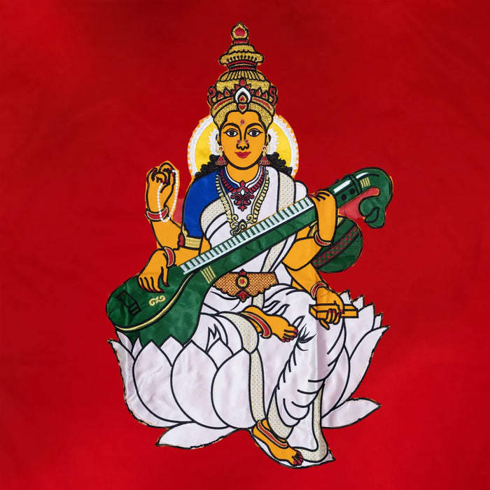 Saraswati Murti Design Pooja Screen- 6 X 4 Feet | Satin Curtain/ Temple Screen/ Decorative Curtain For Home