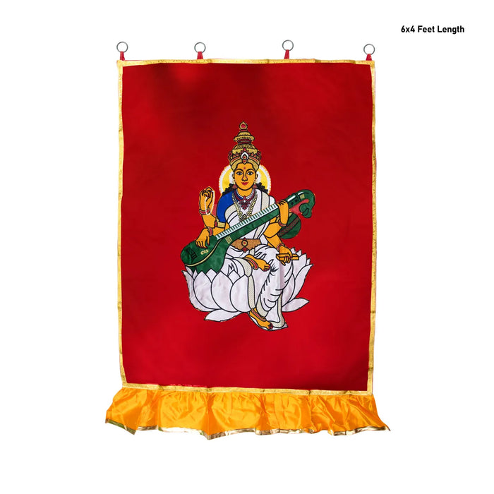 Saraswati Murti Design Pooja Screen- 6 X 4 Feet | Satin Curtain/ Temple Screen/ Decorative Curtain For Home