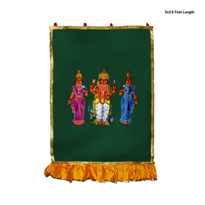 Murugan Valli Deivanai Design Pooja Screen- 5 X 3.5 Feet | Satin Curtain/ Temple Screen For Temple & Pooja Room