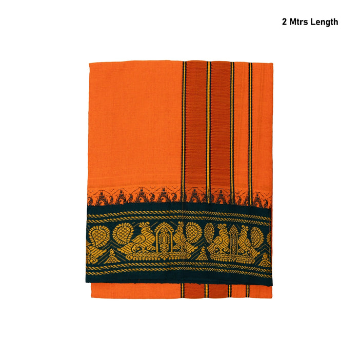 Veshti - 2 Mtrs | Jacquard Korvai Border Cotton Vesti / Orange Colour Dhoti for Men