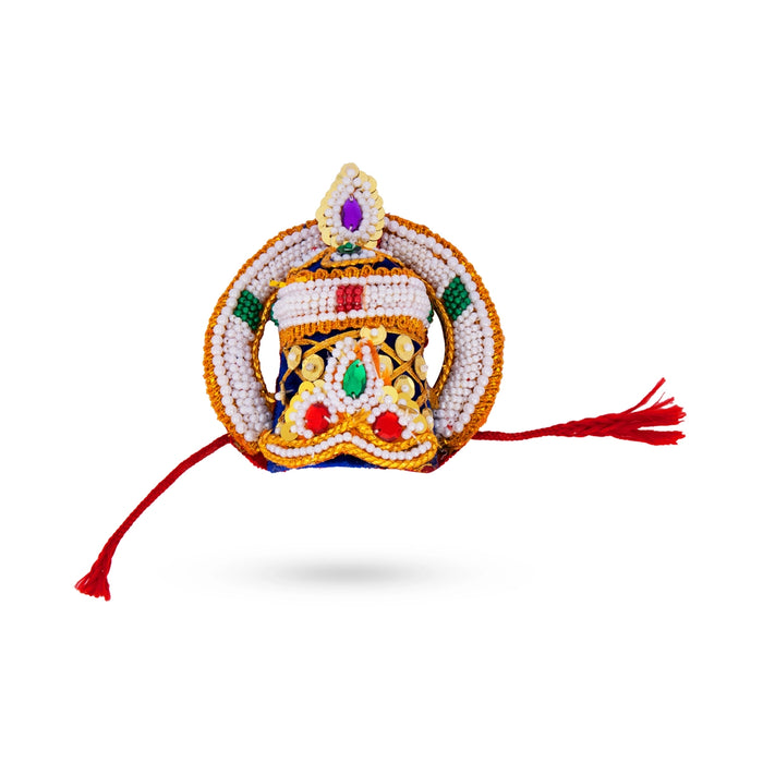 Velvet Moti Chakram Crown - 2.5 x 5 Inches | Beaded Deity Mukut / God Crown for Krishna, Bal Gopal & Deity Decor