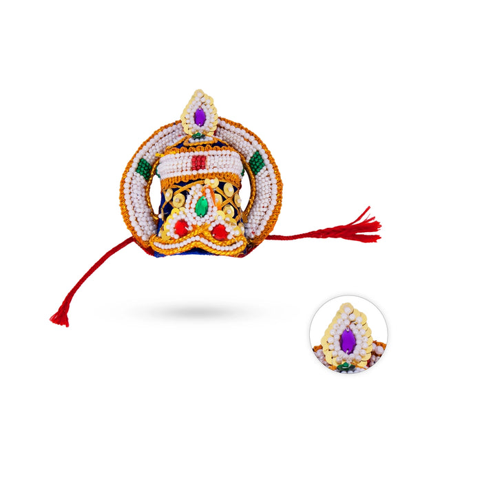 Velvet Moti Chakram Crown - 2.5 x 5 Inches | Beaded Deity Mukut / God Crown for Krishna, Bal Gopal & Deity Decor