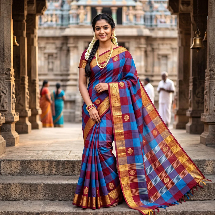 Cotton Saree - 14 Mtrs | Jarigai Print Kattam Saree/ Handloom Saree/ Traditional Saree for Women