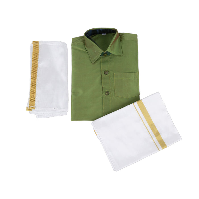 Veshti Shirt With Towel Set | Velcro Type Vesti Sattai Angavastram/ Dhoti Thundu For Pooja & Ceremonies - Veshti & Dhoti
