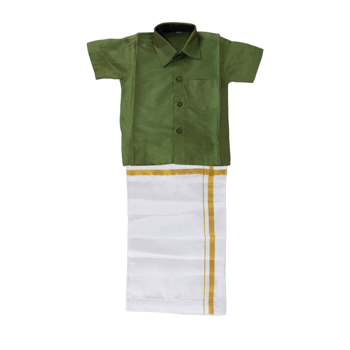 Veshti Shirt With Towel Set | Velcro Type Vesti Sattai Angavastram/ Dhoti Thundu For Pooja & Ceremonies - Veshti & Dhoti