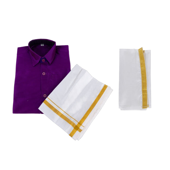 Veshti Shirt With Towel Set | Dhoti Thundu/ Velcro Type Vesti Sattai Angavastram For Pooja And Ceremonies - Veshti & Dhoti