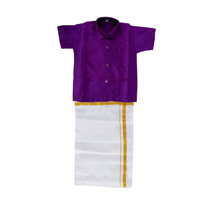 Veshti Shirt With Towel Set | Dhoti Thundu/ Velcro Type Vesti Sattai Angavastram For Pooja And Ceremonies - Veshti & Dhoti