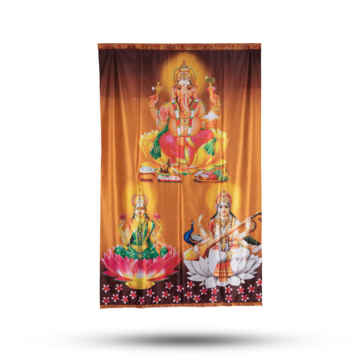 Satin Screen - 4 x 6 Feet | Lakshmi Ganesha Saraswati Curtain for Pooja Room