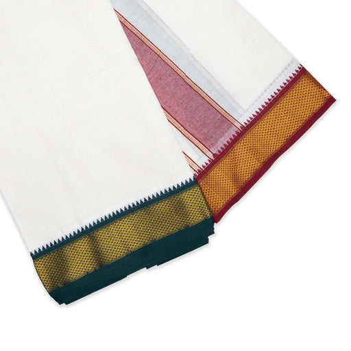 Cotton Veshti - 10 x 6 Yards | Half White Colour Dhoti/ 10 Mayilkan Jari Border Design Vesti for Men - Veshti & Dhoti