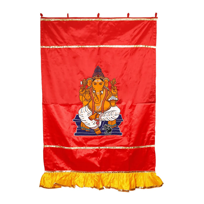 Ganesh Murti Design Pooja Screen- 5 X 3.5 Feet | Satin Curtain/ Temple Screen/ Decorative Curtain For Pooja Room