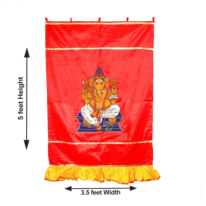 Ganesh Murti Design Pooja Screen- 5 X 3.5 Feet | Satin Curtain/ Temple Screen/ Decorative Curtain For Pooja Room