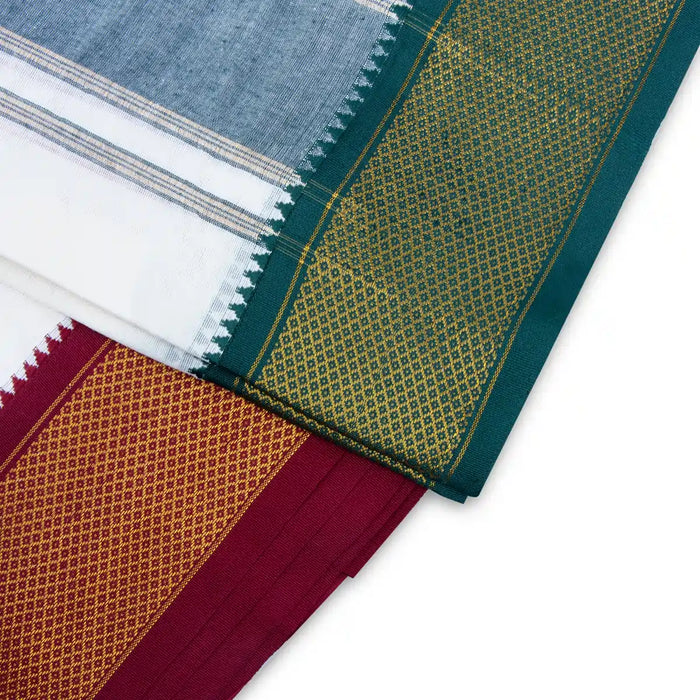 Veshti - 9 x 5 Yards | 16 Kan MayilKan Jari Border Dhoti/ Half White Vesti for Men - Veshti & Dhoti