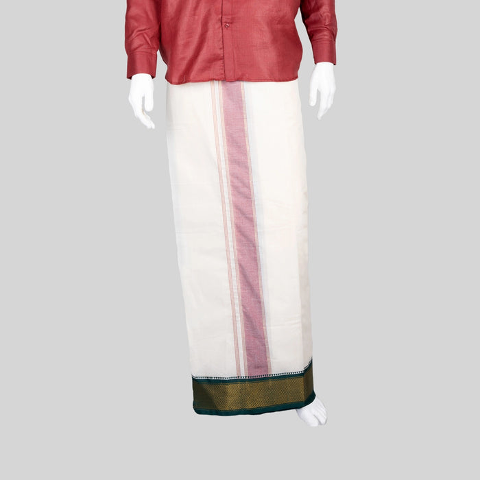Veshti - 9 x 5 Yards | 16 Kan MayilKan Jari Border Dhoti/ Half White Vesti for Men - Veshti & Dhoti