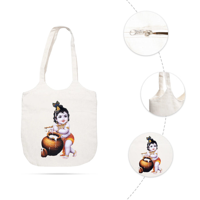 Baby Krishna Printed Cotton Tote Bag - 16 x 14 Inches | Reusable Cloth Shopping Bag/ Bag For Grocery & Gift