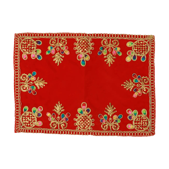 Asan Mat - 9.5 x 7 Inches | Velvet Aasan Mat/ Jari Border Pooja Aasan for Deity/ Assorted Colours/ 10 Gms Approx - Pooja Aasan & Bajot & Pooja Mat