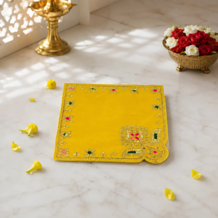 Pooja Aasan - 10 x 10 Inches | Velvet With Embroidery Design Pooja Mat/ Pooja Aasan Mat for Deity