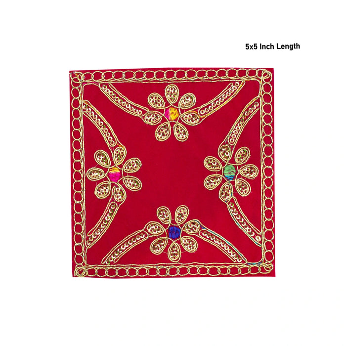 Pooja Aasan - 5 x 5 Inches | Velvet With Embroidery Design Pooja Mat/ Pooja Aasan Mat for Deity