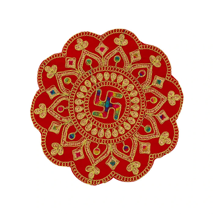 Pooja Aasan - 10 Inches | Fancy round Asan/ Embroidery Design Pooja Mat / Pooja Aasan Mat for Deity