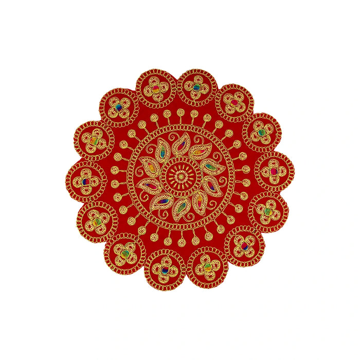 Fancy Round Asan - 12 Inches | Decorative Pooja Asan/ Chowki Cloth for Deity Idol & Pooja Decor