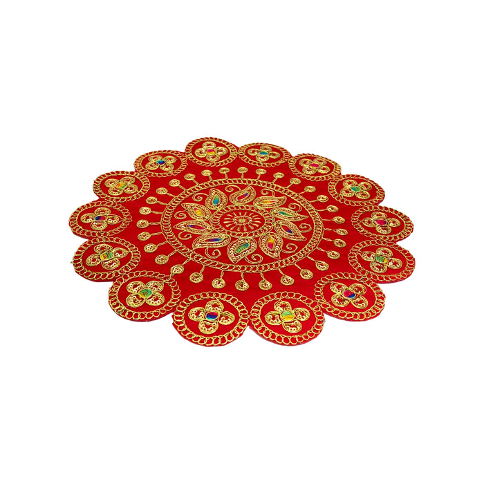 Fancy Round Asan - 12 Inches | Decorative Pooja Asan/ Chowki Cloth for Deity Idol & Pooja Decor