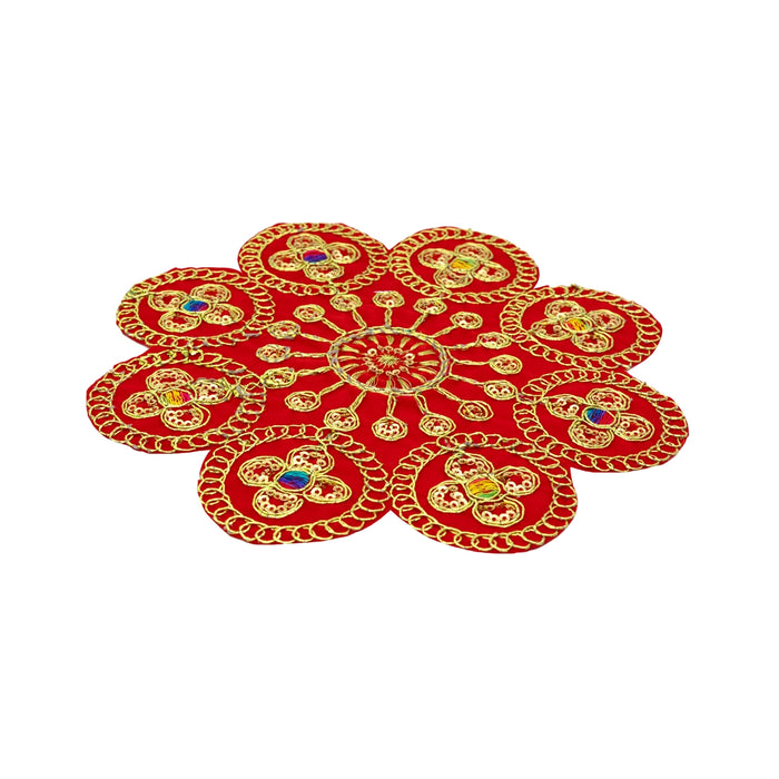 Fancy Aasan - 7 Inches | Embroidery Design Pooja Mat/ Red Colour Pooja Aasan Mat for Deity