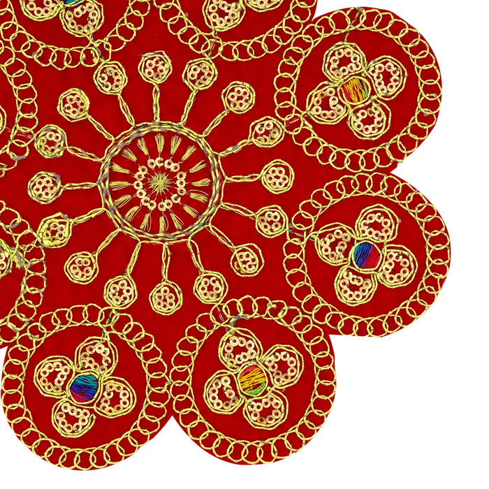 Fancy Aasan - 7 Inches | Embroidery Design Pooja Mat/ Red Colour Pooja Aasan Mat for Deity