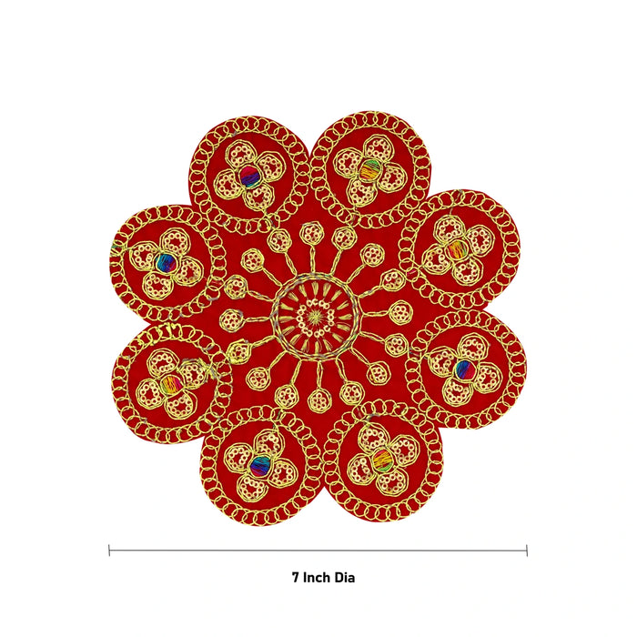 Fancy Aasan - 7 Inches | Embroidery Design Pooja Mat/ Red Colour Pooja Aasan Mat for Deity