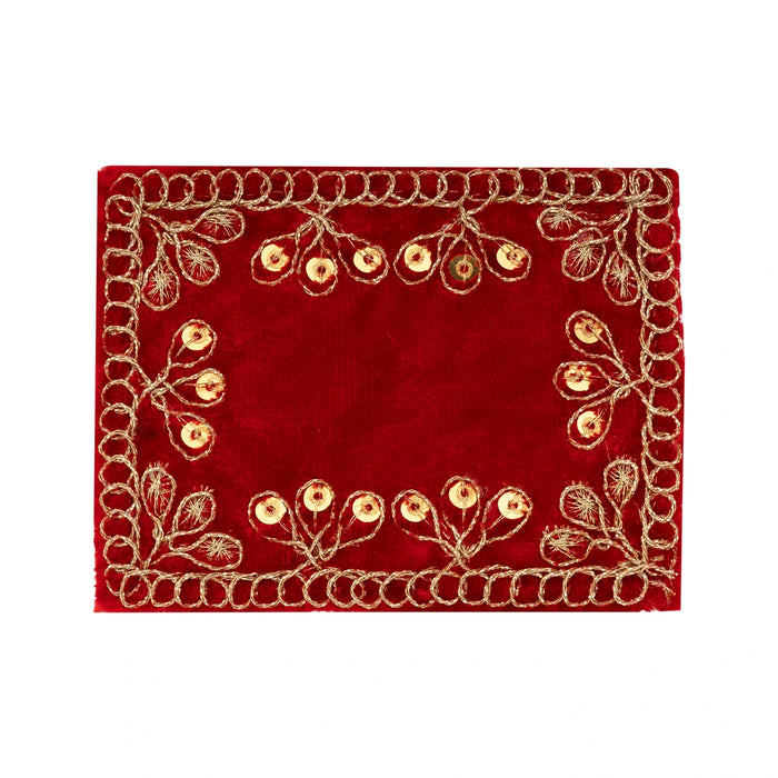 Red Embroidery Asan - 3 x 4 Inches | Decorative Velvet Pooja Asan / Chowki Cloth for Kalash & Deity Decor