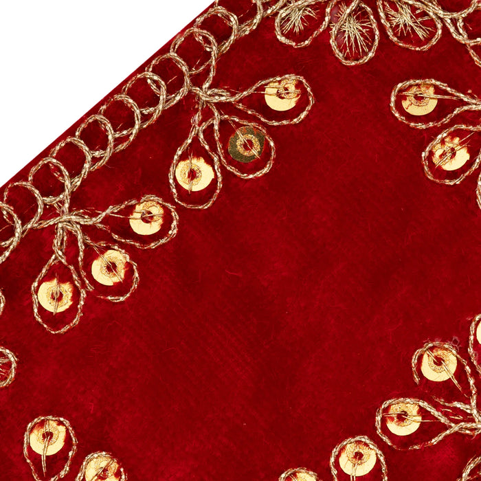 Red Embroidery Asan - 3 x 4 Inches | Decorative Velvet Pooja Asan / Chowki Cloth for Kalash & Deity Decor