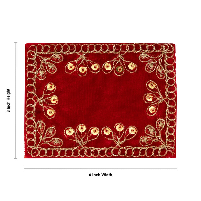 Red Embroidery Asan - 3 x 4 Inches | Decorative Velvet Pooja Asan / Chowki Cloth for Kalash & Deity Decor