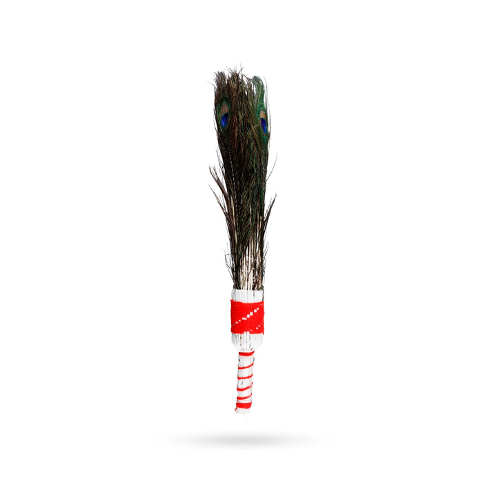 Real Peacock Feather Broom - 25 Inches | Mor Pankh Broom/ Peacock Feather Jhadu for Mandir Cleaning - Pooja Thali Accessories