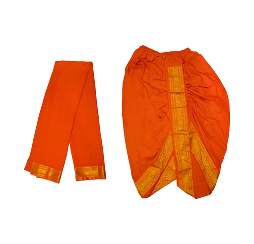 Readymade Panchakacham With Angavastram - Size 42 | Jari Design & Orange Colour Dhoti And Towel for Men - Veshti & Dhoti