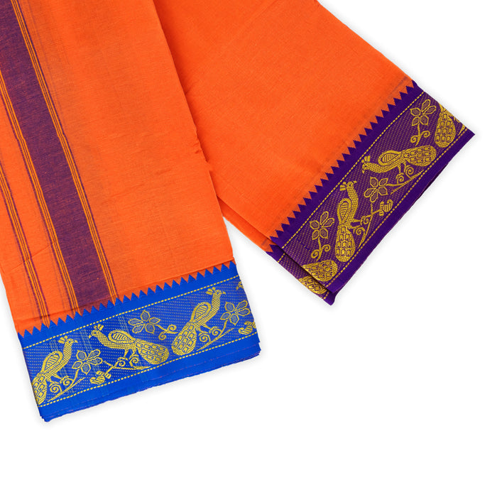 Cotton Veshti - 9 X 5 Yards | Jacquard Dhoti/ Light Orange Colour Vesti For Traditional Wear And Temple Visits - Veshti & Dhoti