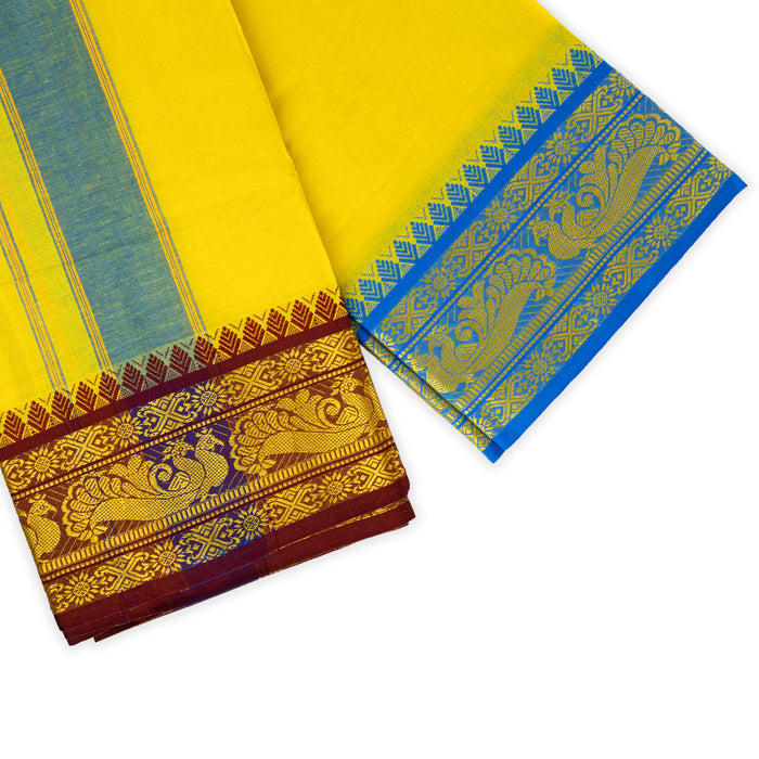 Cotton Veshti - 9 X 5 Yards | Yellow Jacquard Dhoti/ 6 Inch Border Vesti For Traditional Wear & Temple Visits - Veshti & Dhoti