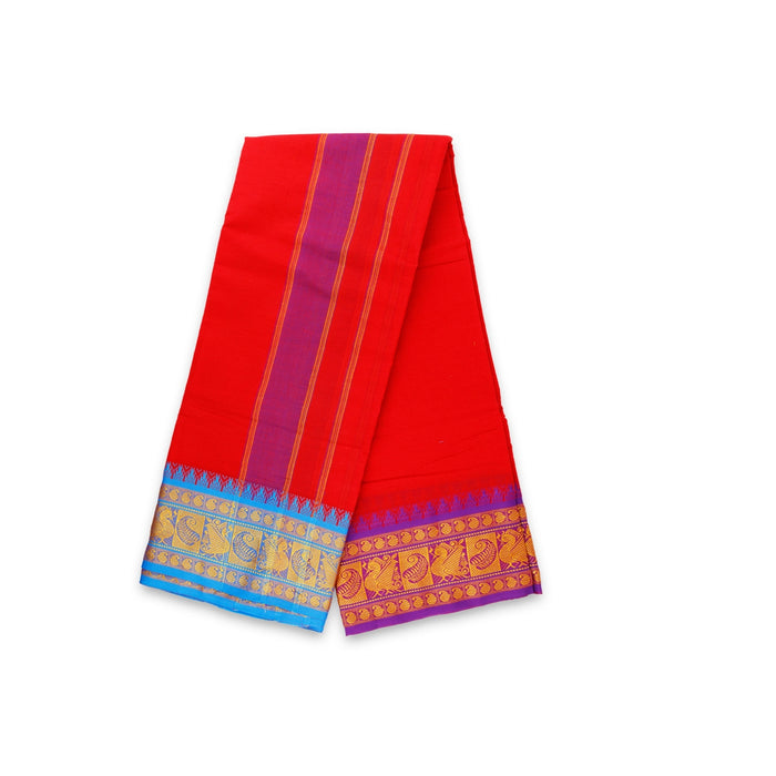 Cotton Veshti - 9 x 5 Yards | Red Colour Dhoti/ 6 Inches Jacquard Border Vesti for Men - Veshti & Dhoti