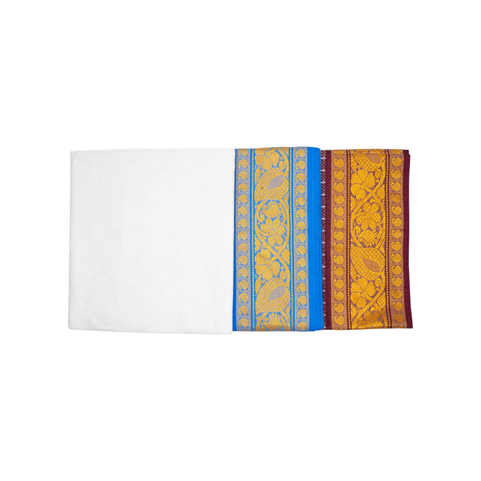 Veshti - 9 x 5 Yards | Half White Colour Cotton Dhoti/ 5 Inches Jacquard Design Border Vesti for Men - Veshti & Dhoti