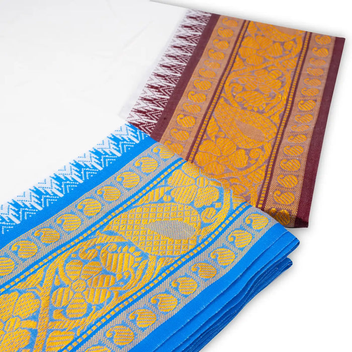 Veshti - 9 x 5 Yards | Half White Colour Cotton Dhoti/ 5 Inches Jacquard Design Border Vesti for Men - Veshti & Dhoti