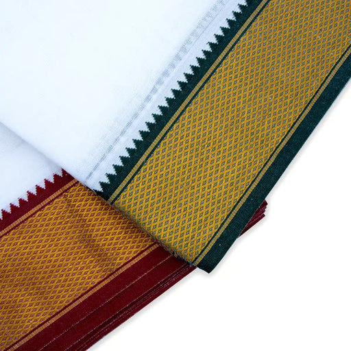 Veshti - 10 x 6 Yards | 15 Kan MayilKan Border Dhoti/ White Vesti for Men - Veshti & Dhoti