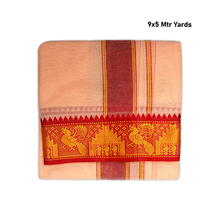 Cotton Veshti - 9 x 5 Yards | Light Kavi Colour Dhoti / Jacquard Border Vesti for Men