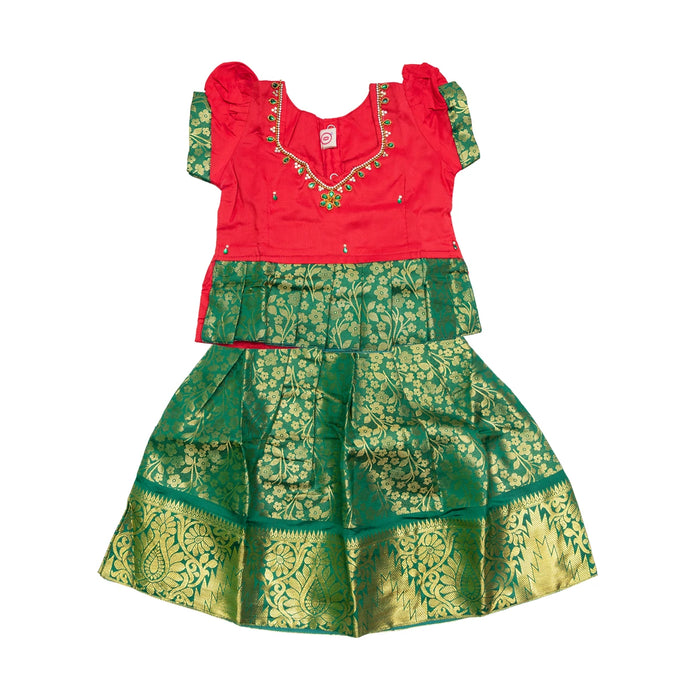 Pattu Pavadai Sattai Pair - Size 0 | Jacquard Skirt And Top/Traditional Dress/South Indian Dress For Baby Girls - Long Skirts / Ghagra / Pavadai