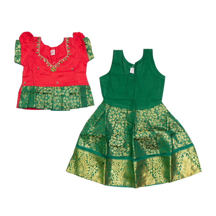 Pattu Pavadai Sattai Pair - Size 0 | Jacquard Skirt And Top/Traditional Dress/South Indian Dress For Baby Girls - Long Skirts / Ghagra / Pavadai