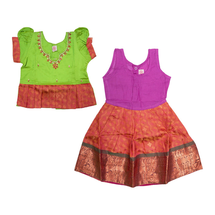 Pattu Pavadai Sattai Pair - Size 0 | Jacquard Skirt And Top/Traditional Dress/South Indian Dress For Baby Girls - Long Skirts / Ghagra / Pavadai