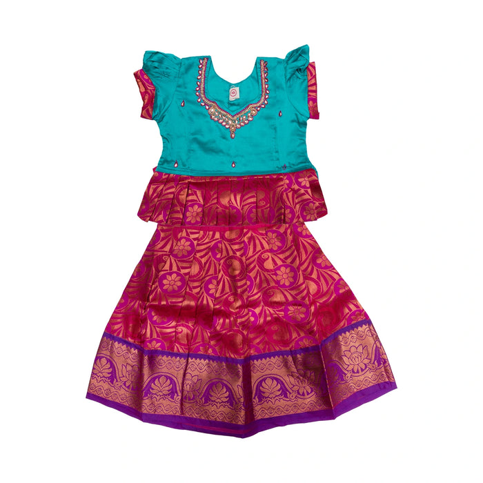 Pattu Pavadai Sattai Pair - Size 0 | Jacquard Skirt And Top/South Indian Dress/Traditional Dress For Baby Girls - Long Skirts / Ghagra / Pavadai