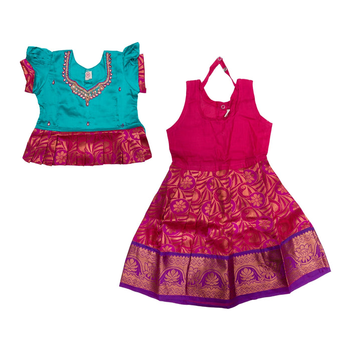 Pattu Pavadai Sattai Pair - Size 0 | Jacquard Skirt And Top/South Indian Dress/Traditional Dress For Baby Girls - Long Skirts / Ghagra / Pavadai